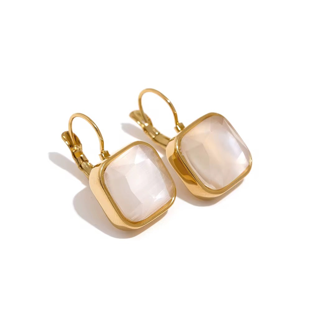 Cat Eye Stone Square Gold Earrings