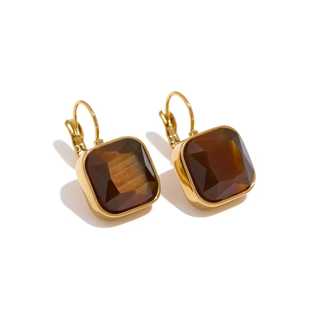 Cat Eye Stone Square Gold Earrings
